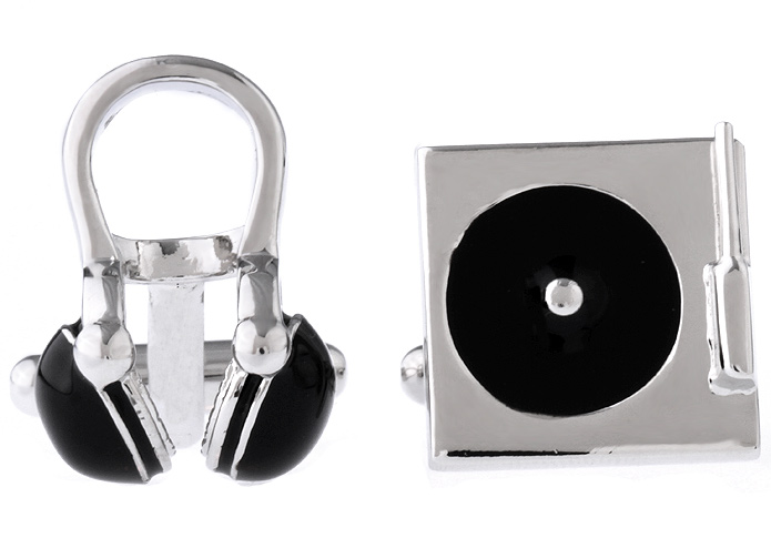 Silver and Black Headphone and Turntable Cufflinks